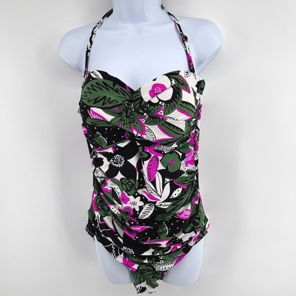 Anne Cole Tropical Twist Front Shirred 1-Piece SwimsuitSz 14 Resort Botanical